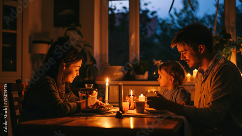 A family gathered around a candlelit dinner table in a dimly lit room during Earth Hour. The warm glow of the candles creates an intimate atmosphere, emphasizing the simple yet imp
