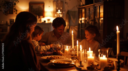 A family gathered around a candlelit dinner table in a dimly lit room during Earth Hour. The warm glow of the candles creates an intimate atmosphere, emphasizing the simple yet imp