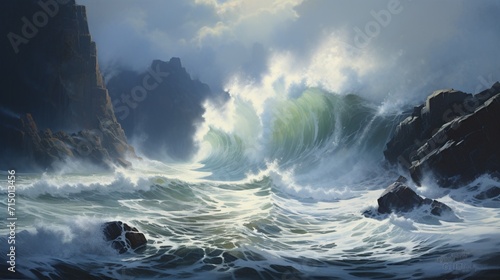 A dramatic coastline with towering cliffs, waves crashing against rugged rocks, illustrating the fierce and awe-inspiring power of the ocean - Generative AI