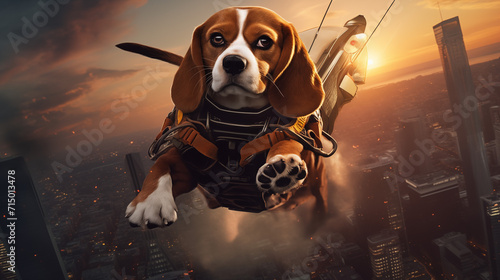 Brave Beagle Paratrooper Soaring Above a Burning Cityscape photo