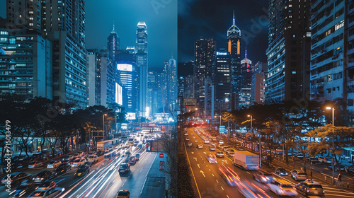 A collage of before-and-after images featuring a bustling urban area with lights on and the same scene during Earth Hour, showcasing the dramatic impact of collective action in red photo