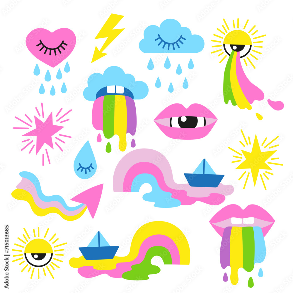 Vector hand drawn illustration. Set of psychedelic weather elements in a flat cartoon style