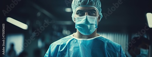 Surgeon man with blue medical uniform in operating room. Portrait of a surgeon in a hospital