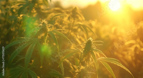 Thriving Cannabis Plantation. A close-up of a lush cannabis plant in natural sunlight, highlighting the plant's structure and potential for CBD production photo