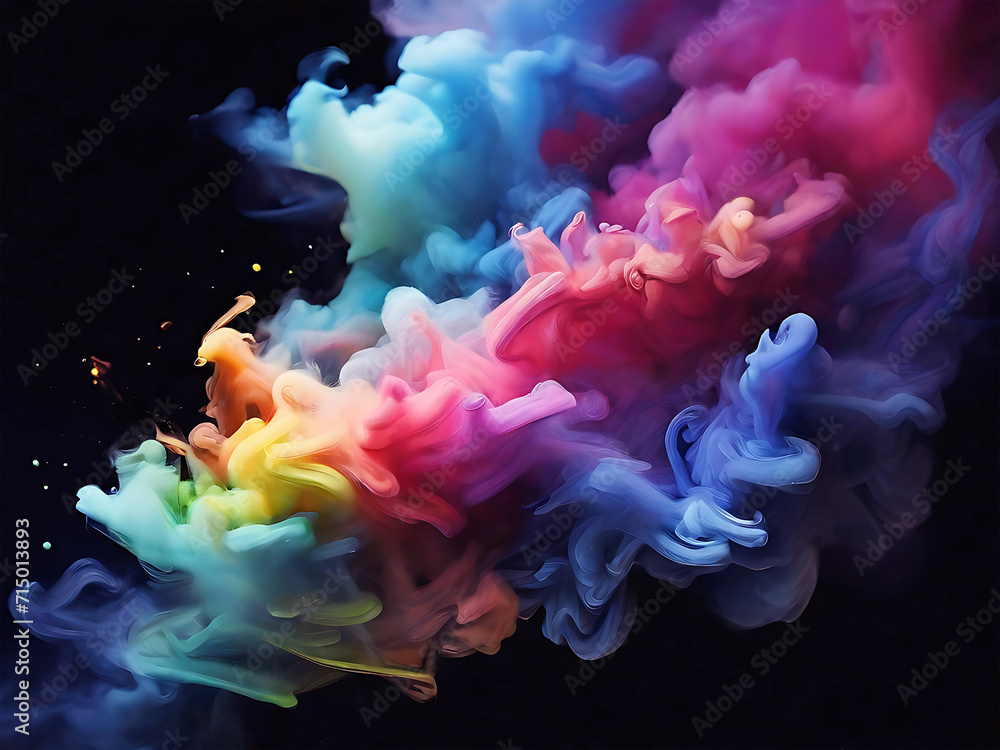 cinematic various rainbow color deep smoke with flutter on black background.