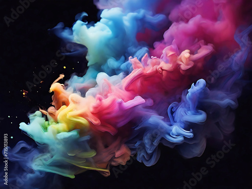 cinematic various rainbow color deep smoke with flutter on black background.