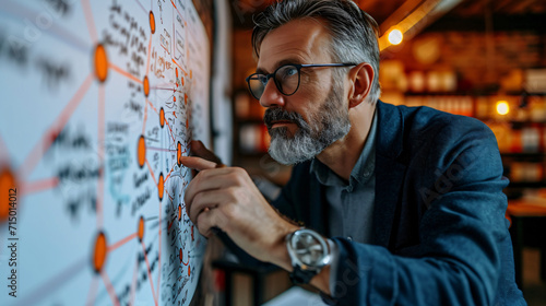 A trial lawyer business man in office scrutinizes looking a large flowchart on the wall, strategy concept