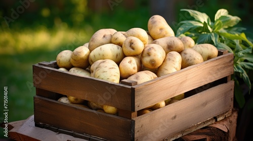 Potatoes in wooden box. Agriculture, gardening, growing vegetables. Harvesting organic potatoes © Ilmi