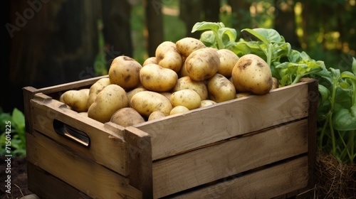 Potatoes in wooden box. Agriculture, gardening, growing vegetables. Harvesting organic potatoes