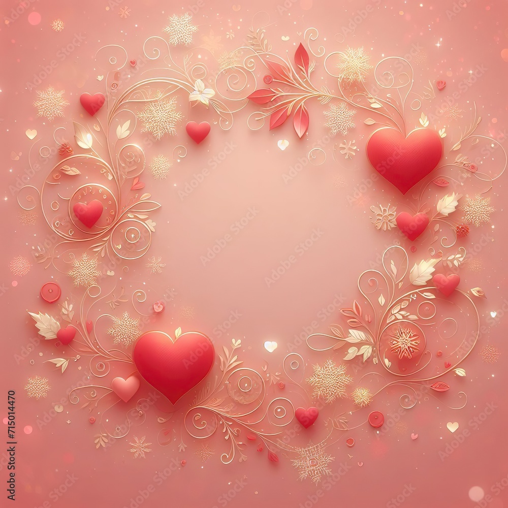 a charming pink postcard with a circle in the center for inscriptions and a decorative frame in the form of gold jewelry, red hearts and confetti a charming pink postcard with a circle in the center for inscriptions and a decorative frame in the form of gold jewelry, red hearts and confetti