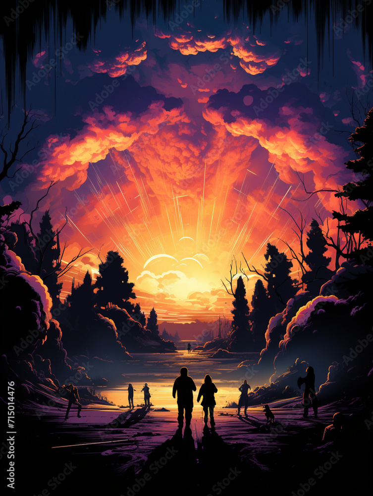 T-shirt design, a chilling scene where an atomic bomb detonates, casting people into mere shadows created with Generative Ai T-shirt design, a chilling scene where an atomic bomb detonates, casting people into mere shadows created with Generative Ai
