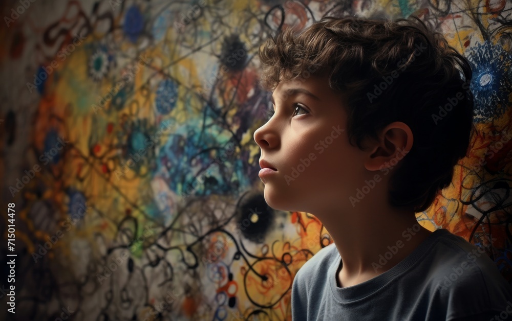 Fototapeta premium A small child against the background of a wall painted with graffiti. Autism in children