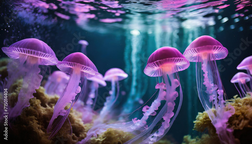 Underwater view of amazing neon jellyfish and mushrooms. Generative ai