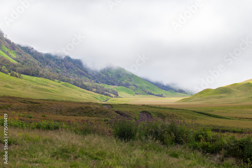 Landscape of green hills in the mountains on a cloudy day. Location of Mount Bromo in Bromo Tengger Semeru National Park, East Java, Indonesia © gunungkawi