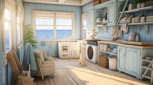 Tranquil Coastal Laundry Room with Light Blue Accents and Ocean View - AI-Generative