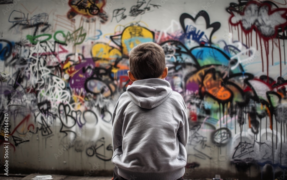 A small child against the background of a wall painted with graffiti. Autism in children A small child against the background of a wall painted with graffiti. Autism in children