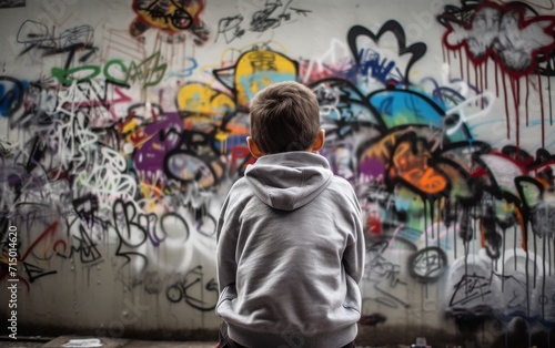 A small child against the background of a wall painted with graffiti. Autism in children