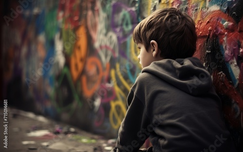 A small child against the background of a wall painted with graffiti. Autism in children