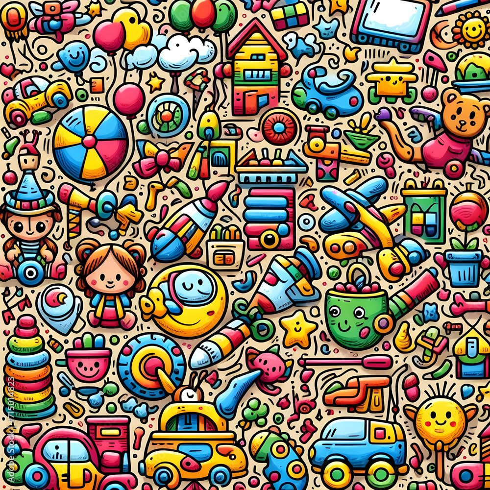 Toyland Adventure: Colorful Kids Toys doodle art pattern with various objects
