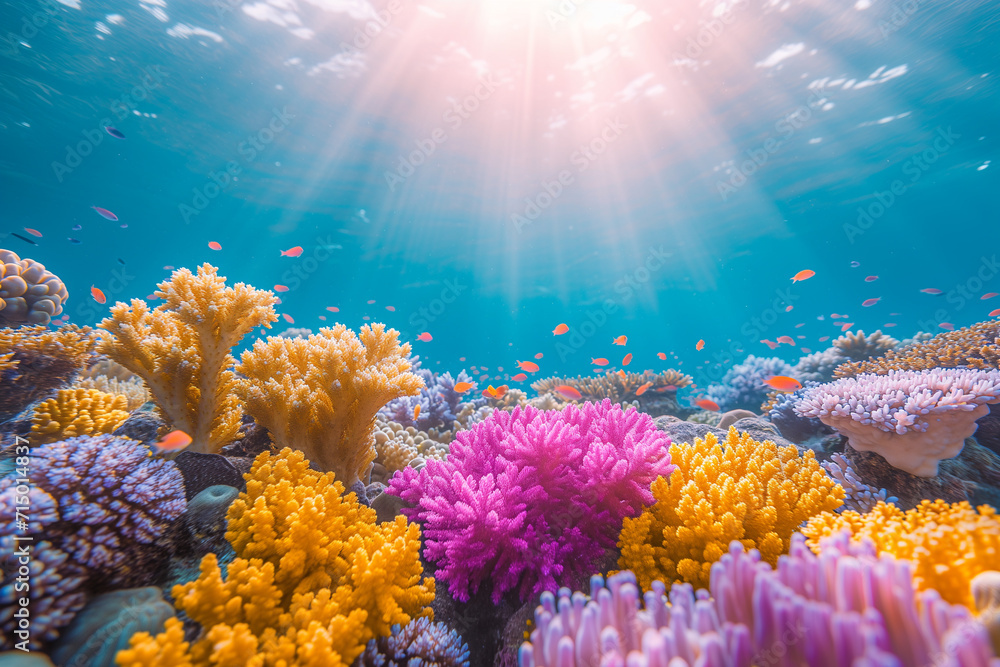 Fading vibrant coral reef life, as a result of climate change and human activities on marine ecosystems.