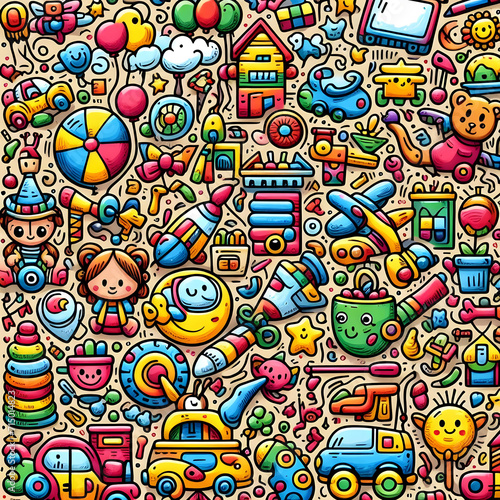 Toyland Adventure  Colorful Kids Toys doodle art pattern with various objects