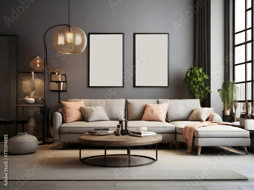 Modern loft living room interior design with couch, table, lamp, frame, decorations © Ophelia