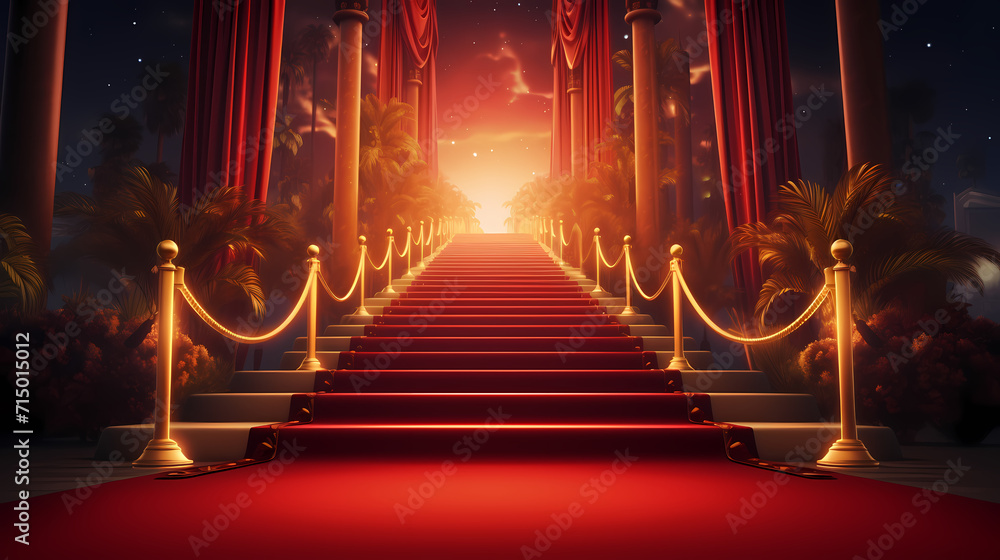 Red carpet on the stairs on dark background, the way to glory, victory and success Red carpet on the stairs on dark background, the way to glory, victory and success