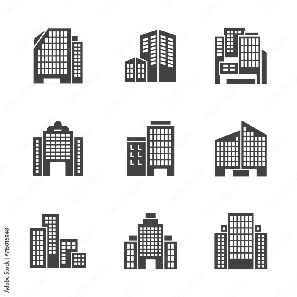 Buildings icons. Bank, Hotel, Courthouse. City, Real estate, Architecture buildings icons.
