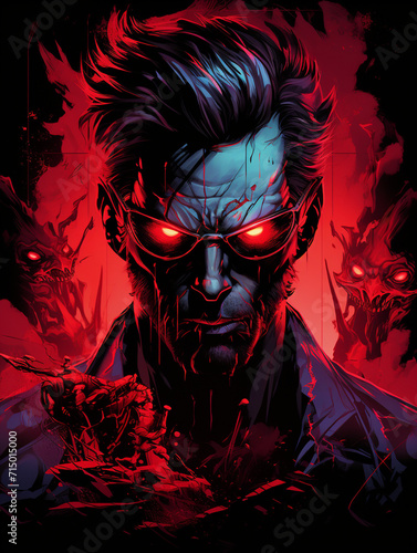T-shirt design, neo-noir scene portrays a human-demon at the height of his fury, his eyes ablaze in glowing crimson created with Generative Ai