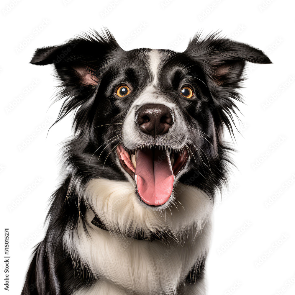 A border collie with black and white fur sits and sticks out its tongue, isolated