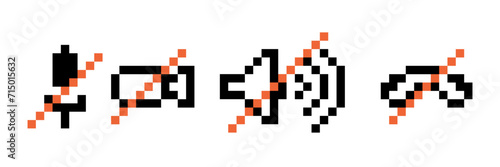 Video conference call pixel icon set. Mobile phone decline answer sign