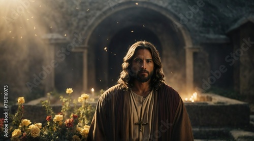 The resurrected Jesus Christ in front of his stone grave. Easter celebration picture. Generative AI.