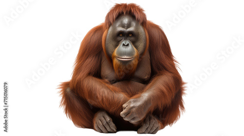  A sitting orangutan with reddish-brown fur, isolated