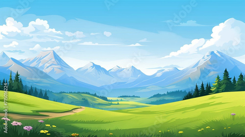 copy space, Vector illustration. View of an alpine landscape during spring time. Simple vector illustration, with meadows and alpine mountains in the background. Alpine landscape mockup or template. © Dirk