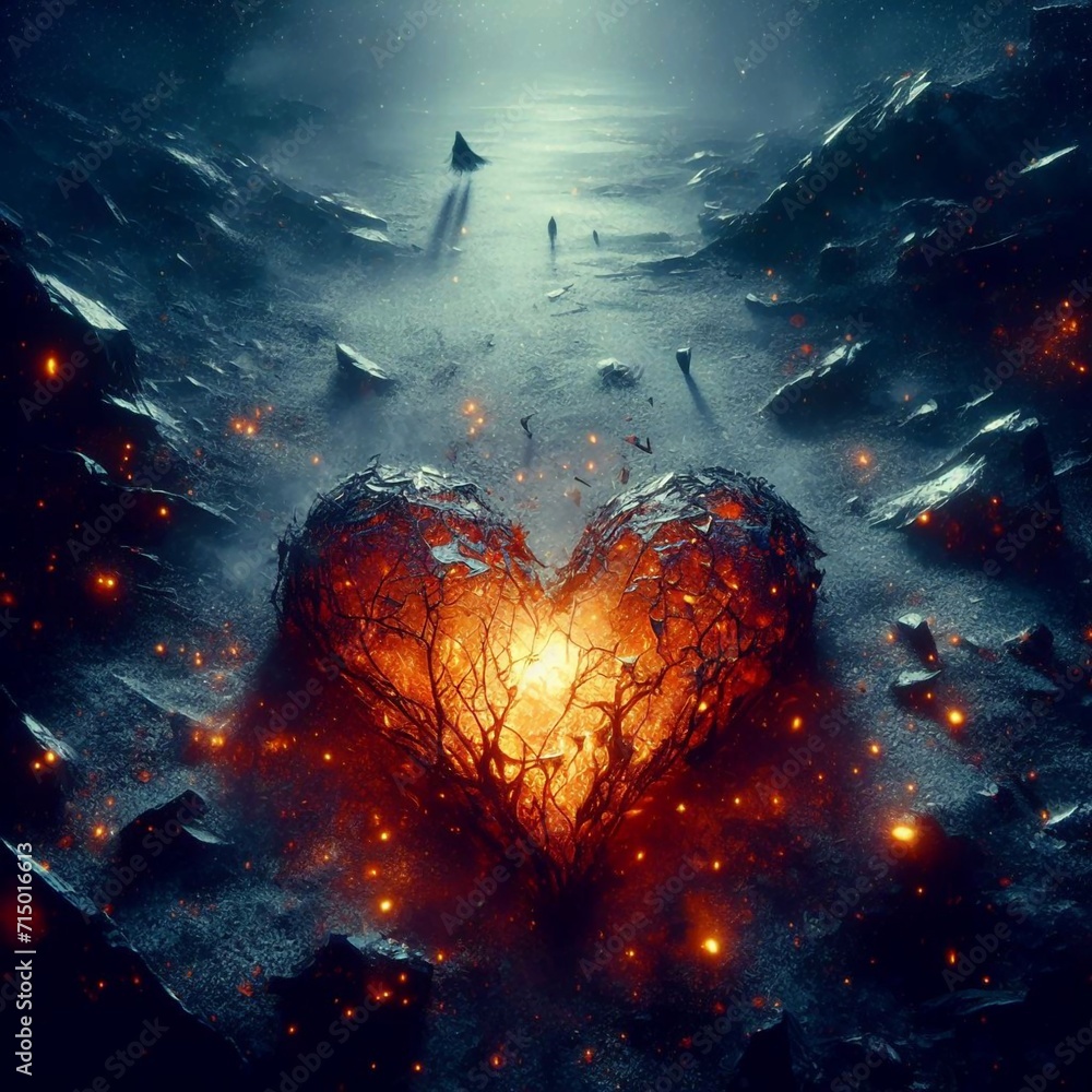 Embers of Affection: A Glimmer Amidst Desolation. A broken, glowing heart-shaped rock surrounded by dark, jagged rocks and debris. Soft light filtering from above or delicate items amidst the rubble