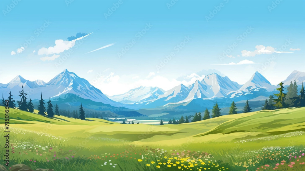Fototapeta premium copy space, Vector illustration. View of an alpine landscape during spring time. Simple vector illustration, with meadows and alpine mountains in the background. Alpine landscape mockup or template.