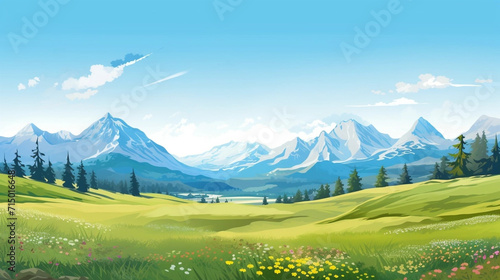 copy space  Vector illustration. View of an alpine landscape during spring time. Simple vector illustration  with meadows and alpine mountains in the background. Alpine landscape mockup or template.