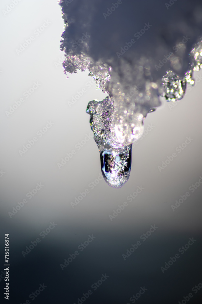 Melting icicle with dripping water drop with crystal clear water drop from melting ice show global warming effect and climate change for melting glaciers indicates end of winter on bright sunshine day Melting icicle with dripping water drop with crystal clear water drop from melting ice show global warming effect and climate change for melting glaciers indicates end of winter on bright sunshine day