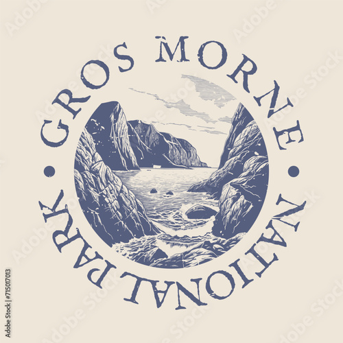 Gros Morne, Newfoundland and Labrador, Canada Illustration Clip Art Design Shape. National Park Vintage Icon Vector Stamp.