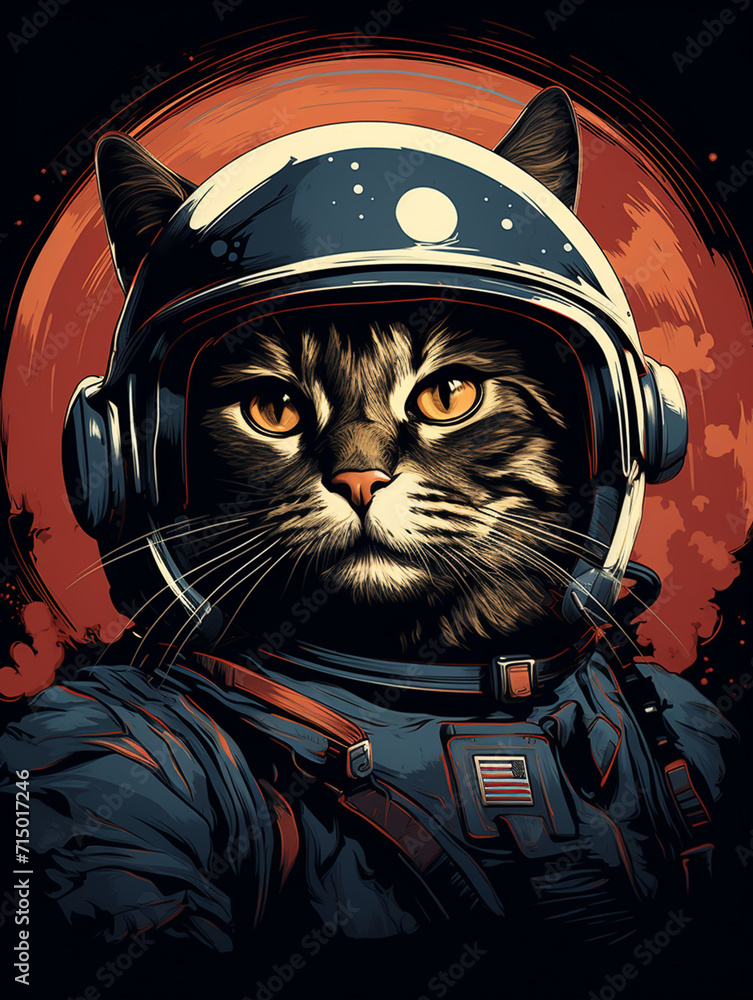T-shirt design, a proud black cat donned in an astronaut's uniform, the American flag prominently displayed, painted with hyperrealistic portraiture techniques created with Generative Ai T-shirt design, a proud black cat donned in an astronaut's uniform, the American flag prominently displayed, painted with hyperrealistic portraiture techniques created with Generative Ai