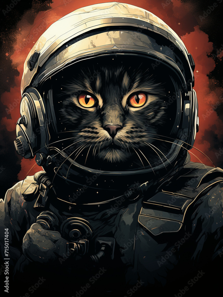 T-shirt design, a proud black cat donned in an astronaut's uniform, the American flag prominently displayed, painted with hyperrealistic portraiture techniques created with Generative Ai T-shirt design, a proud black cat donned in an astronaut's uniform, the American flag prominently displayed, painted with hyperrealistic portraiture techniques created with Generative Ai
