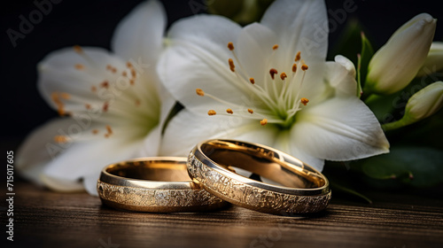 Wedding rings and white lilies on a wooden table.  Generate AI © Demar