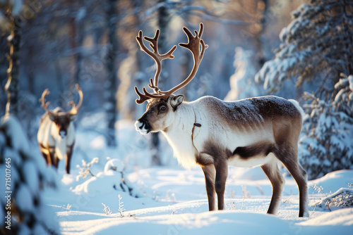 Reindeers in natural environment, Lapland, north Sweden, during winter