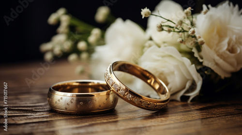 Wedding rings and white lilies on a wooden table.  Generate AI © Demar