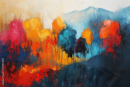 Splashes of bright paint on the canvas. Landscape. Landscape.Oil painting.  Generative AI.