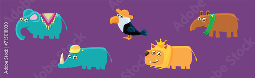 Funny Animal Character Wearing Head Accessory Vector Set
