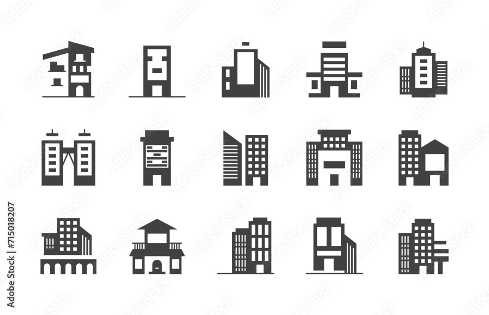 Buildings line icons. Bank, Hotel, Courthouse. City, Real estate, Architecture buildings icons vector