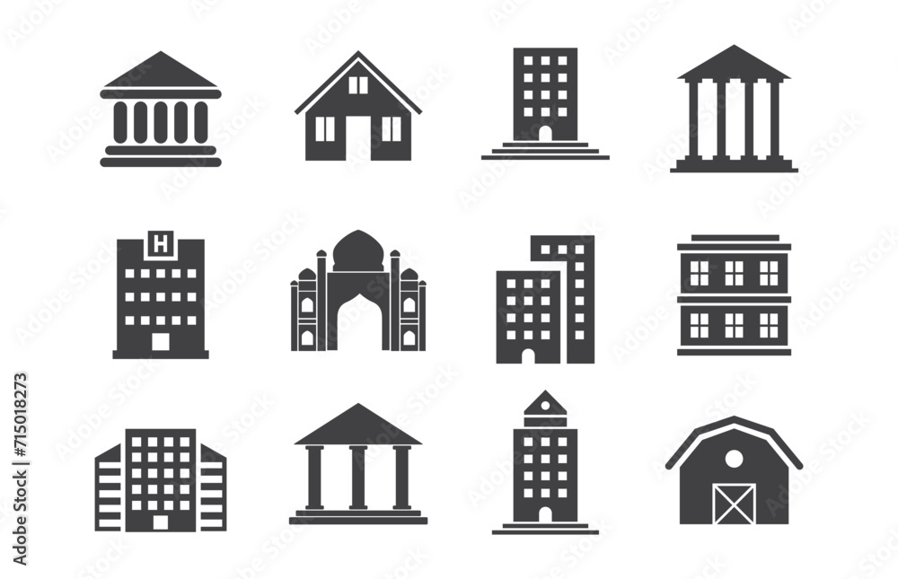 Buildings line icons. Bank, Hotel, Courthouse. City, Real estate, Architecture buildings icons. Hospital, town house, museum.