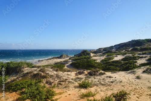 view of the beautiful coastline at the Punta Paloma beach with dunes near Valdevaqueros, Tarifa, Andalusia, province of Cádiz, Spain 
