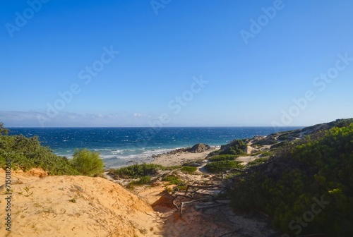 view of the beautiful coastline at the Punta Paloma beach with dunes near Valdevaqueros, Tarifa, Andalusia, province of Cádiz, Spain 